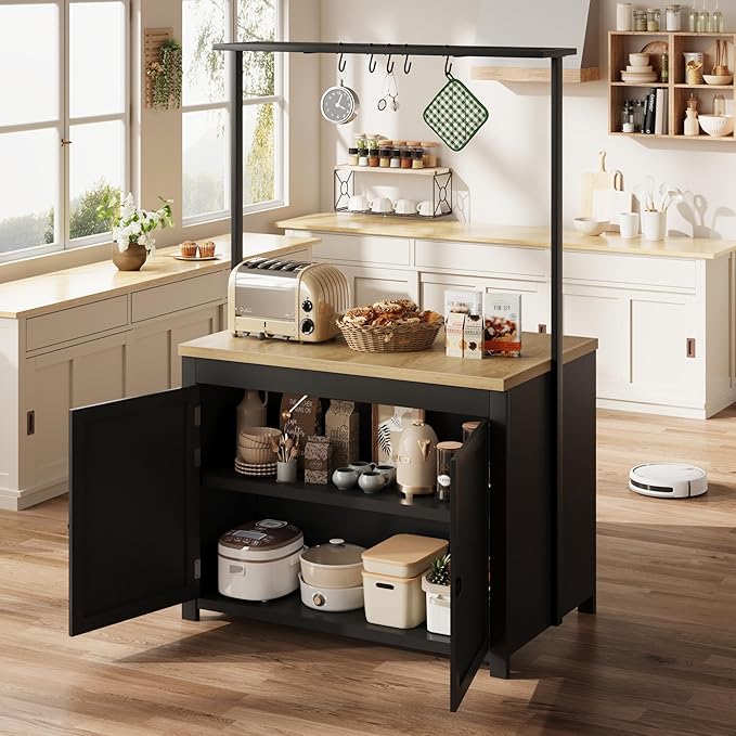 GarveeHome Kitchen Island with Storage 42 in - Heavy Duty Kitchen Cart, Mobile Kitchen Island with 2-Tier Shelves & 5 Hooks, Solid Wood Countertop for Small Spaces (Black & Natural)