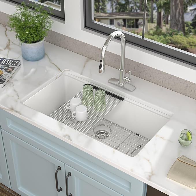 28 Granite Composite Kitchen Sink - Fulorni 28"x19" Granite Kitchen Sink Ledge Workstation Undermount White Quartz Classic Under Counter Single Bowl Sink Basin