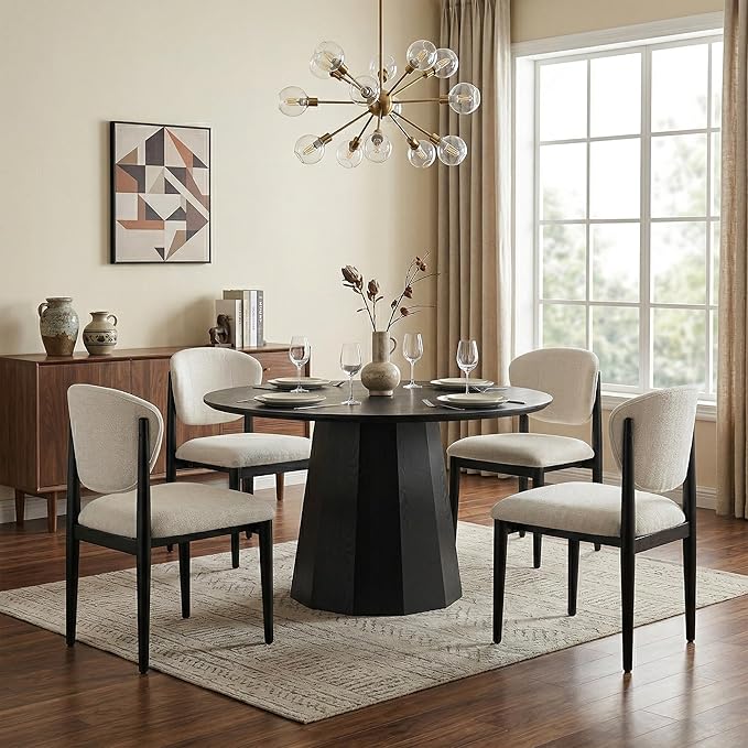 Casaphoria Dining Chairs Set of 2, Solid Black Wood Legs Upholstered Kitchen Chairs, Mid Century Modern Ergonomic Curved Back Accent Chair for Dining Room, Home Office and Vanity, White