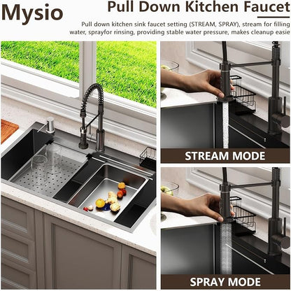 30 x 18 inch Kitchen Sink, Single Bowl Stainless Steel Gunmetal Black Topmount Multifunctional Drop In Sink with Pull-Down Faucet (Black, 3018)