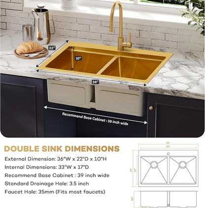 MILOSEN 36 Inch Gold Double Bowl Kitchen Sink, 36''x22'' Gold Drop in Workstation Sink 50/50 Topmount Double Basin with Accessories, 16 Gauge T304 Stainless Steel Sinks, 10'' Deep and Large Sinks