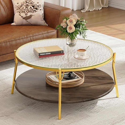 Modern Round Walnut 2-Tiered Coffee Table with Glass Top and Gold Base for Living Room, 29.9"