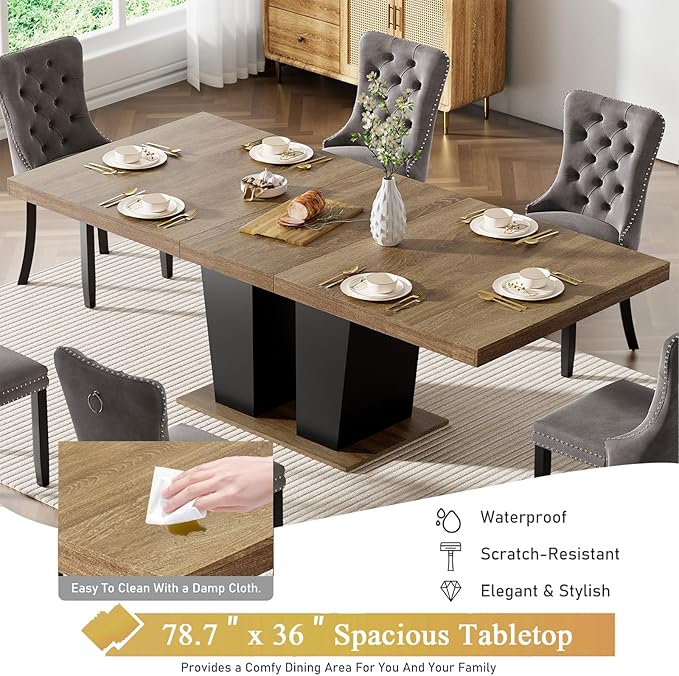 Goujxcy 78.7" Extendable Dining Room Table Set for 8, 9-Piece Farmhouse Kitchen Dining Room Table Set with Wood Base and 8 Black Velvet Tufted Chairs, Extending Kitchen & Dining Table Set of 8