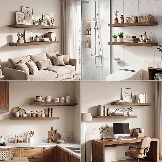 Dreamland 20 Inches Floating Shelves for Wall, 9.3" Deep Long Floating Shelves Set of 2, Large Display & Storage Shelf, Wall Shelf for Bathroom Bedroom Living Room Kitchen Office, Walnut