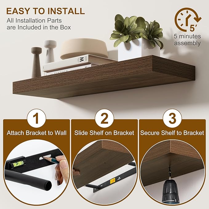 Fun Memories 66 Inch Fireplace Mantel - Long Floating Shelf, Wall Mounted Farmhouse Display with Invisible Heavy Duty Metal Bracket, Walnut, 2 Pack
