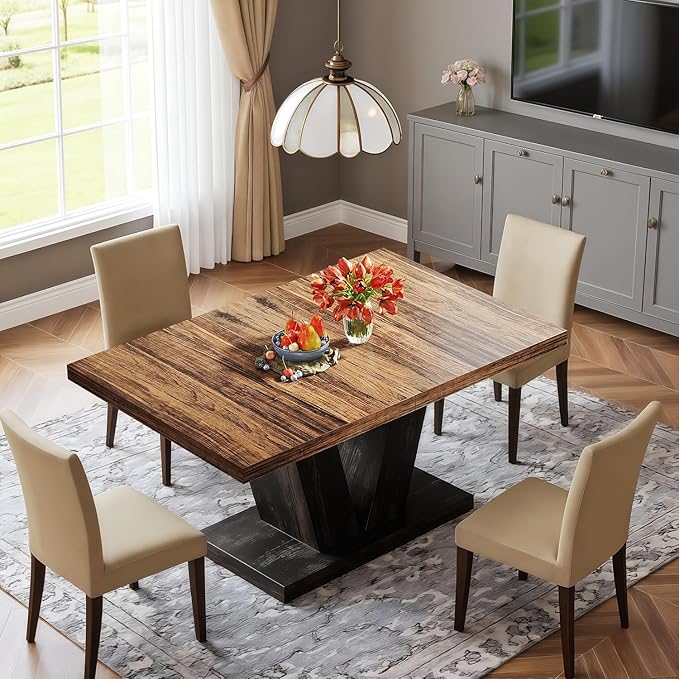 Oigavfd 47 Inch Dining Table, Rectangular Kitchen Table for 4 with Heavy Duty Pedestal Base, Modern Farmhouse Wood Dining Table for Dining Room, Kitchen, and Small Space (Black and Brown)