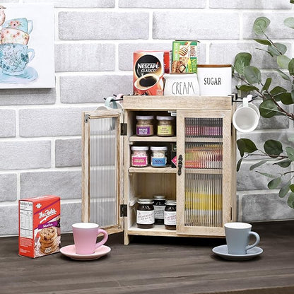 Ikee Design Wooden Countertop Storage Cabinet with Wavy Magnetic Door, Adjustable Shelves, Removable Hooks. Perfect for Perfume, Figurines, and Coffee Cups, Vintage White, 10.4 W x 6.1 D x 14.4 H in