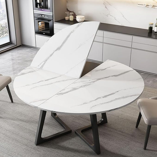 Wood Round Foldable Table Top Only Large Portable Tabletop for Desktop Transformation 47 51 55 59 63 71 inch 4-Fold Folding Round Table Top Extender Space Saving for Family Dinners(White Marble,75")