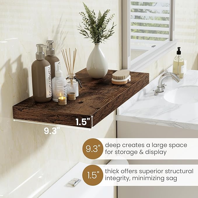 55"W x 9.3"D Floating Shelves for Wall, Wall Mounted Bathroom Shelves 1 Pack Deep Floating Shelf for Bedroom Kitchen Living Room, Rustic Wooden Wall Shelf with Invisible Bracket for Books Decor