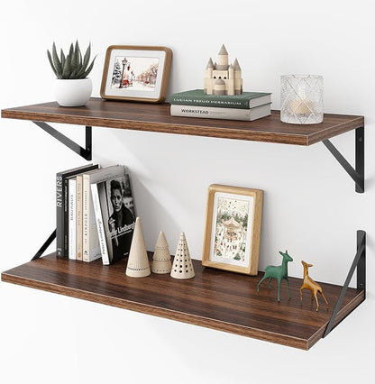 Acovy Deep Floating Shelves Wall Mounted, 30"x12" Walnut Wall Shelves with Brackets Set of 2 for Bedroom, Living Room, Bathroom, Kitchen, Office - Storage & Display Shelf for Decor, Books, Plants
