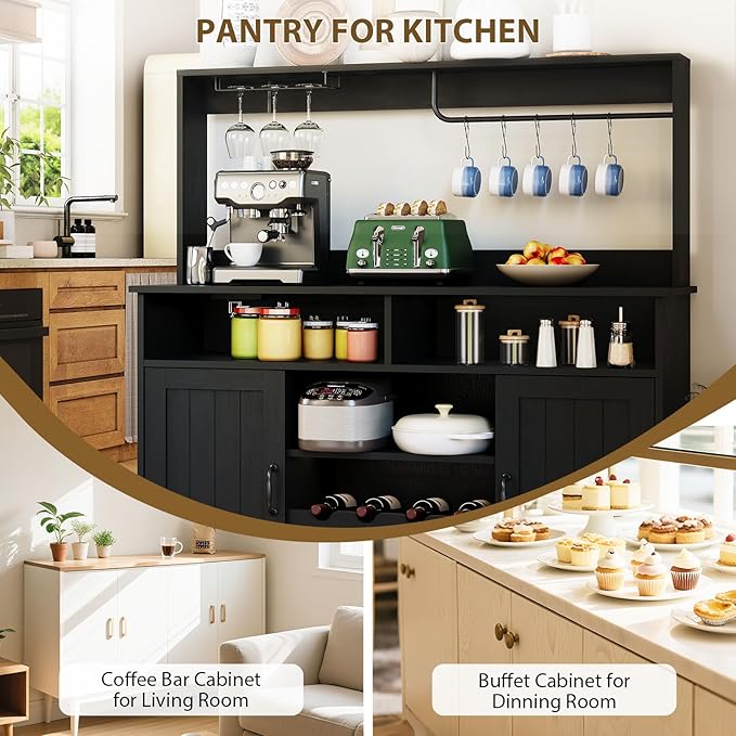 47" Farmhouse Coffee Bar Cabinet with Storage, Buffet Cabinet with Goblet Holder, 5Hooks, Power Outlets, Sideboard Cabinet Coffee Bar Table with Adjustable Shelves for Kitchen & Living Room, Black
