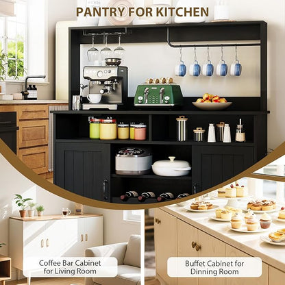 47" Farmhouse Coffee Bar Cabinet with Storage, Buffet Cabinet with Goblet Holder, 5Hooks, Power Outlets, Sideboard Cabinet Coffee Bar Table with Adjustable Shelves for Kitchen & Living Room, Black