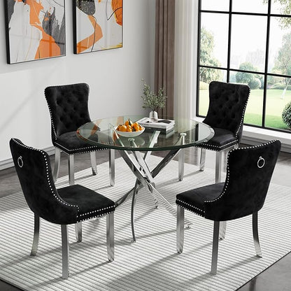 36" Glass Dining Table for 2-4, Modern Dining Room Table with 0.39" Tempered Glass Top and Cross X-Shaped Silver Stainless Steel Base, Round Kitchen Dinner Table for Dining Room