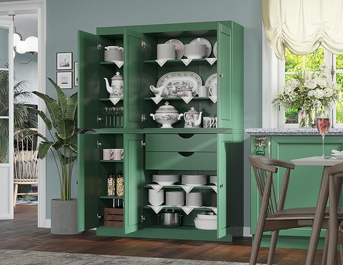 Palace Imports Solid Wood Kitchen Pantry Cabinet - 71.5" Tall x 48.5" Wide - Freestanding Storage Pantry w/ 2-Drawer Kit & Adjustable Shelves - Green, Renewable Eco-Friendly 100% Wood, Made in Brazil