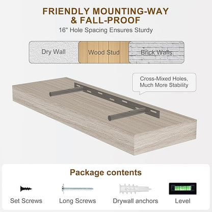Fun Memories Floating Shelves for Wall, 48Inch Long Floating Shelves Set of 2, Hanging Shelf with Invisible Brackets, Wood Shelves for Living Room, Bedroom, Kitchen, Grey