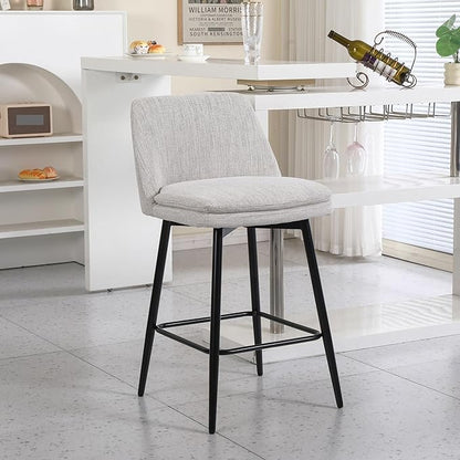 Counter Height Swivel Bar Stools Set of 2, 360° Swivel Upholstered Barstools with Back and Metal Legs, 25.6" Seat Height,Counter Stools for Kitchen Island and Pub,Linen Cloth