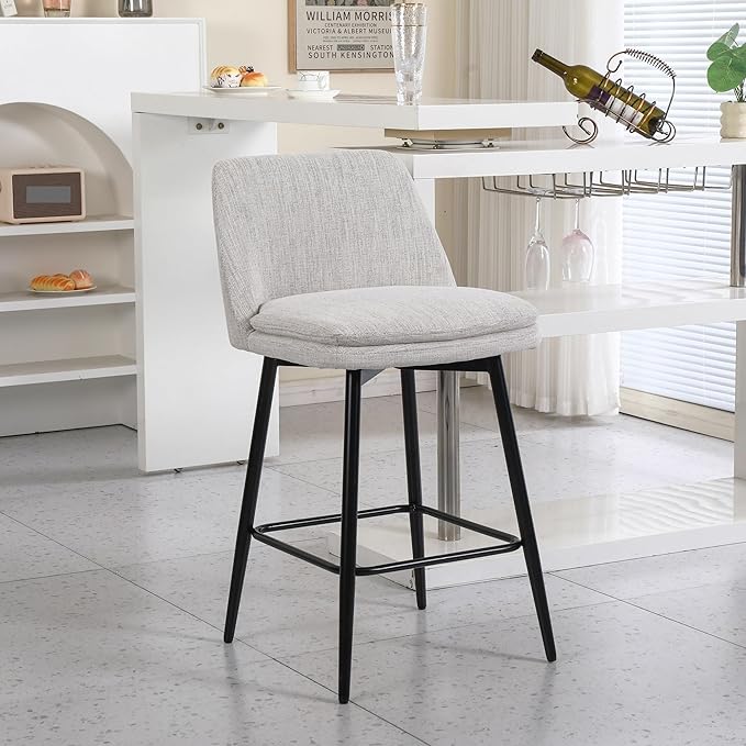 Counter Height Swivel Bar Stools Set of 2, 360° Swivel Upholstered Barstools with Back and Metal Legs, 25.6" Seat Height,Counter Stools for Kitchen Island and Pub,Linen Cloth