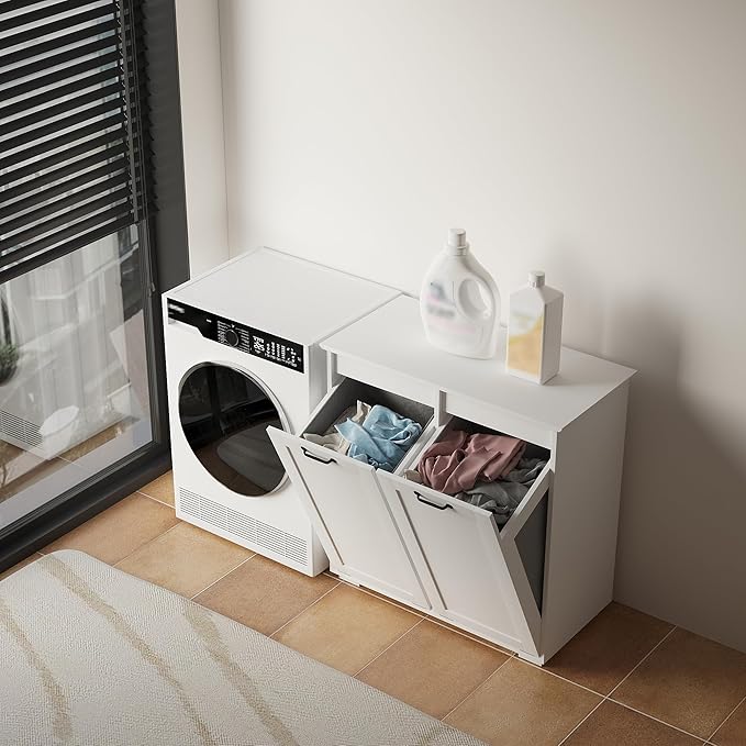 KEIKI Double Tilt Out Laundry Hamper Cabinet, with 2 Removable Liner Bags, Double Doors Hidden Hamper w/Metal Handles, Free Standing Wood Laundry Sorter Floor Cabinets for Bathroom,White, (Style A)
