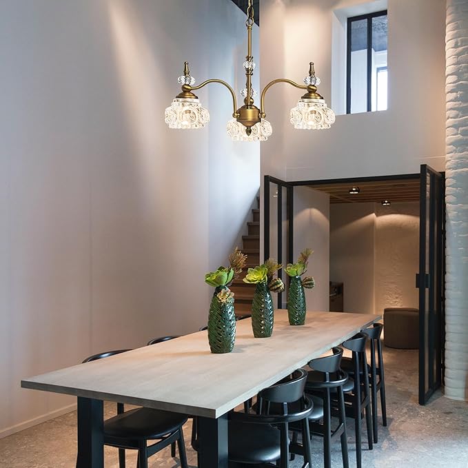 Montex Brass Pendant Light,Gold Vintage Chandelier Light Fixture 3 Lights,Include 4 Light Bulbs Glass Pendant Light Crystal Hanging Light