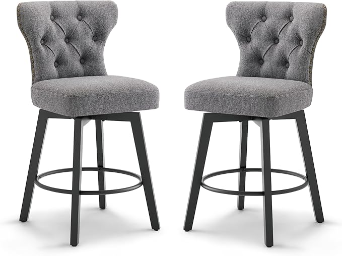 KISLOT Counter Height Barstools 26 inch Upholstered Button Tufted Swivel Bar Stools with Back for Kitchen Island,Set of 2,Dark Grey Fabric