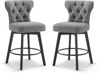 KISLOT Counter Height Barstools 26 inch Upholstered Button Tufted Swivel Bar Stools with Back for Kitchen Island,Set of 2,Dark Grey Fabric