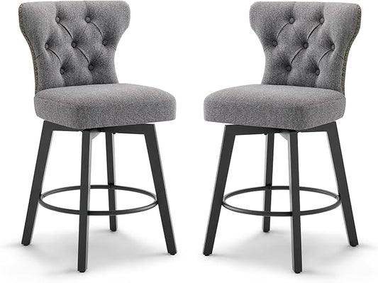 KISLOT Counter Height Barstools 26 inch Upholstered Button Tufted Swivel Bar Stools with Back for Kitchen Island,Set of 2,Dark Grey Fabric