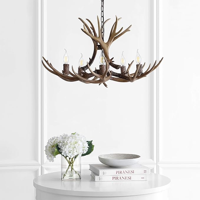 JONATHAN Y 30" Brown Rustic Resin Antler 5-Light LED Chandelier, Farmhouse Faux Deer Horn Hanging Ceiling Light for Dining Room, Kitchen Island, Adjustable Light Fixture (JYL6300A)