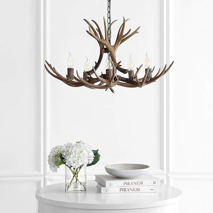 JONATHAN Y 30" Brown Rustic Resin Antler 5-Light LED Chandelier, Farmhouse Faux Deer Horn Hanging Ceiling Light for Dining Room, Kitchen Island, Adjustable Light Fixture (JYL6300A)