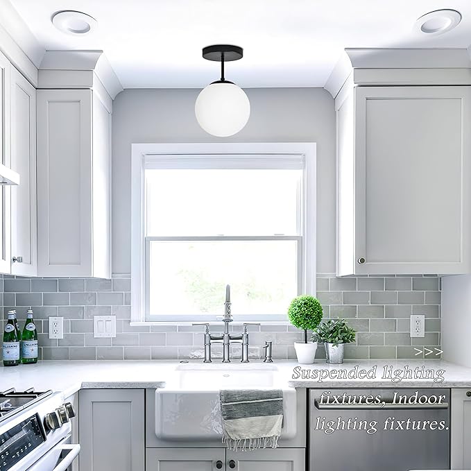 Bagood 8" Black Semi Flush Mount Ceiling Light Fixture Milk Glass Globe Ceiling Light Fixtures Hallway Light Fixtures Mid Century Ceiling Lights Matte Black Finish for Entryway Foyer (Bulb Incl.)