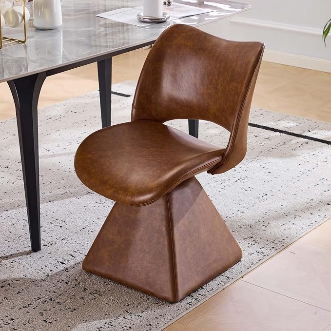 Modern Swivel Dining Chair, Comfy Upholstered Kitchen Chair with Curved High Backrest and Solid Wood Frame for Kitchen Island, Desk, Living Room, Faux Leather (1, Brown)