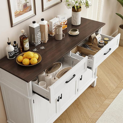 55 Inches Buffet Cabinet with Storage, Farmhouse Sideboard Buffet w/2 Drawers and 3 Doors, Wood Coffee Bar Cabinet with Adjustable Shelves, Sideboard Storage for Kitchen, Living Room, Off White