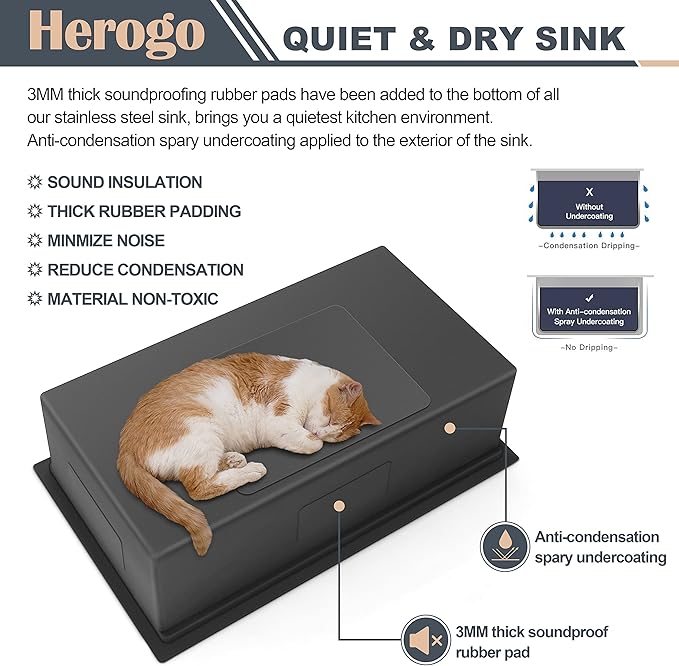 Herogo Kitchen Sink, 33 x 19 Inch Large Farmhouse Undermount Kitchen Sink, 18/10 Stainless Steel R10 Corner 10 Inch Deep Workstation Single Bowl with Accessories