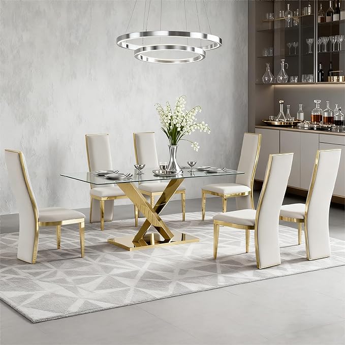 Modern 70" Gold Glass Dining Table for 6-8,Luxury Rectangular Kitchen Table with Clear Glass Desktop and Golden Mirrored Stainless Steel Legs,Large Kitchen Table for Dining Room Office(Only Table)