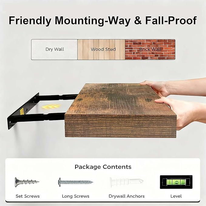 Floating Shelves for Wall,Wall Shelves for Decor Storage,Display Shelving 16 inch Set of 2,Wall Mounted Wood Shelf for Bedroom,Living Room,Bathroom,Kitchen,Brown(2pcs,Brown)