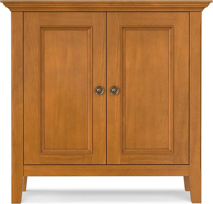 SIMPLIHOME Amherst Storage Cabinet - 32 inch Wide Solid Wood 2-Shelf Low Storage Unit in Light Golden Brown, Transitional Console or Accent Cupboard for Living Room or Entryway with Adjustable Shelves