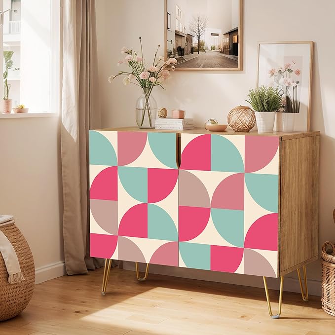 SIGNWIN Sideboard Buffet Cabinet, Kitchen Storage Cabinet with 2 Doors, Pink & Teal Retro Polygon Patternt, Cupboard Console Table for Dining Room - 35" L x 18" W x 29" H