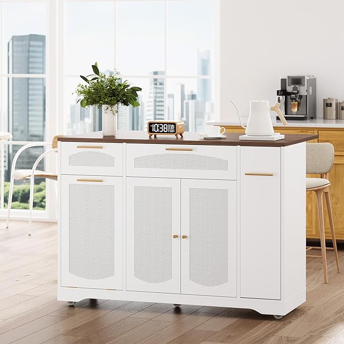 IDEALHOUSE 53.1" Rattan Kitchen Island with Storage, Rolling Dining Cart with Trash Storage Cabinet, Mobile Island Cart with Drop Leaf, Adjustable Shelves, Drawer, 5 Wheels (White)
