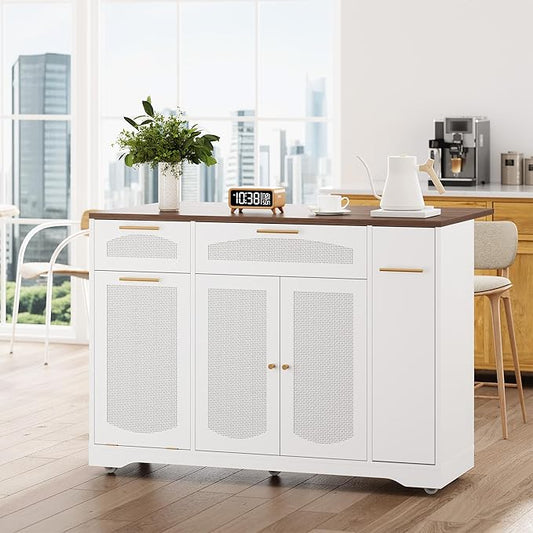 IDEALHOUSE 53.1" Rattan Kitchen Island with Storage, Rolling Dining Cart with Trash Storage Cabinet, Mobile Island Cart with Drop Leaf, Adjustable Shelves, Drawer, 5 Wheels (White)