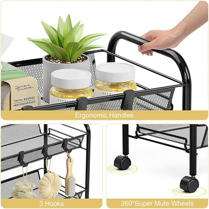 TOOLF 3-Tier Metal Rolling Cart, Mesh Wire Easy Assemble Utility Cart, Storage Trolley on Wheels with 3 Hooks, MetalStorage Shelving Units for Kitchen Bathroom Laundry Room