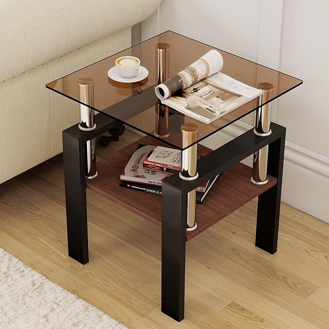 Set of 2 Glass End Table, 2-Layer Glass Living Room Table, Modern Tea Table Side Tables for Home Office Furniture