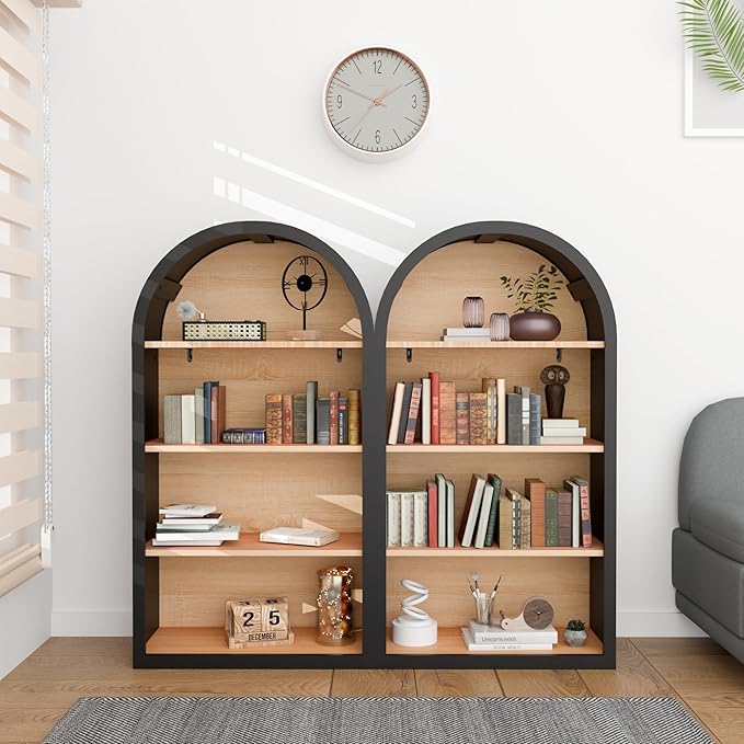 Ball & Cast 43" Tall Arched Storage Cabinet,Modern 4-Tier Wooden Display Cabinet with Open Shelves,Versatile Floor Bookcase Cabinet Organizer for Library,Living Room, Office, Black