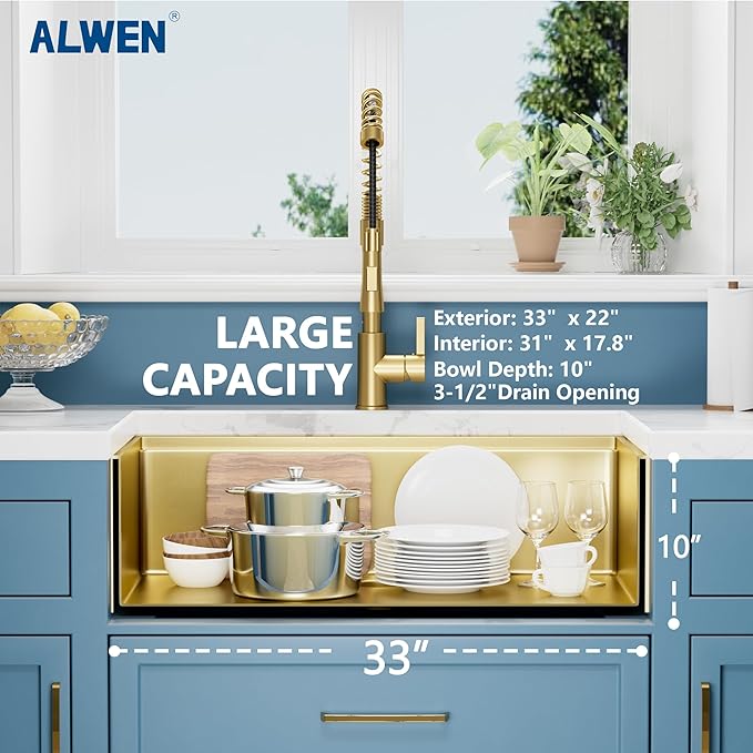 33" Luxury Gold Farmhouse Sink – ALWEN 16 Gauge Workstation Apron Front Sink, 10" Depth Single Bowl with R10 Radius & Accessories