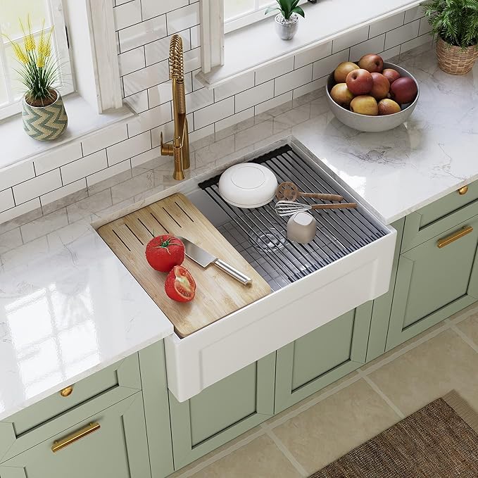 DeerValley White Farmhouse Workstation Sink 30 inch, Reversible Fireclay Deep Single Bowl Apron Front Kitchen Sink, Undermount Farm Sink with Ledge and Accessories