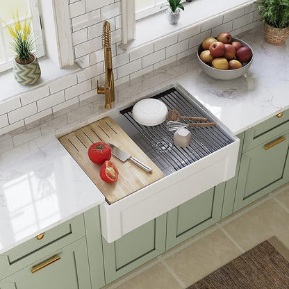 DeerValley White Farmhouse Workstation Sink 30 inch, Reversible Fireclay Deep Single Bowl Apron Front Kitchen Sink, Undermount Farm Sink with Ledge and Accessories