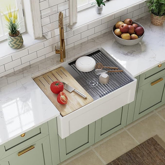 DeerValley White Farmhouse Workstation Sink 30 inch, Reversible Fireclay Deep Single Bowl Apron Front Kitchen Sink, Undermount Farm Sink with Ledge and Accessories