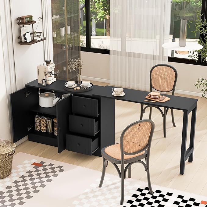 JIJIWANG 89.7'' Wooden Sideboard with Extendable Table,Multifunctional Storage Kitchen Island with 2 Doors and 3 Drawers,for Living Room,Study,Foyer and Kitchen, Black