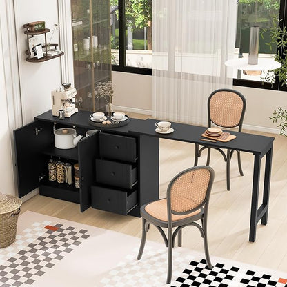 JIJIWANG 89.7'' Wooden Sideboard with Extendable Table,Multifunctional Storage Kitchen Island with 2 Doors and 3 Drawers,for Living Room,Study,Foyer and Kitchen, Black