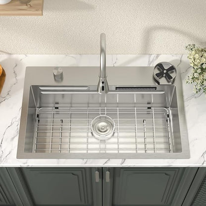 Lordear 31 Drop Kitchen Sink with Faucet Combo 31"x20" Waterfall Kitchen Sink Workstation Stainless Steel 16 Gauge Single Bowl Topmount Handmade Sinks with Pull Out Faucet
