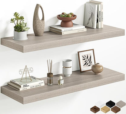 36 Inch Floating Shelves for Wall, 12 Inch Deep Shelves for Bedroom, Kitchen, Bathroom Wall Mounted, Rustic Wood Floating Shelf with Invisible Brackets for Books, Storage, Decor, Gray, 2 Pack