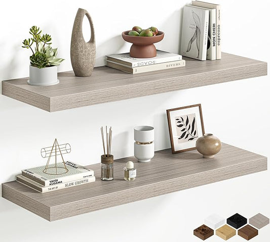 36 Inch Floating Shelves for Wall, 12 Inch Deep Shelves for Bedroom, Kitchen, Bathroom Wall Mounted, Rustic Wood Floating Shelf with Invisible Brackets for Books, Storage, Decor, Gray, 2 Pack